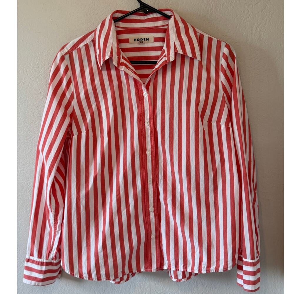 Women's Boden Red White Stripped Button Down Dress Shirt Top Blouse Size 10P